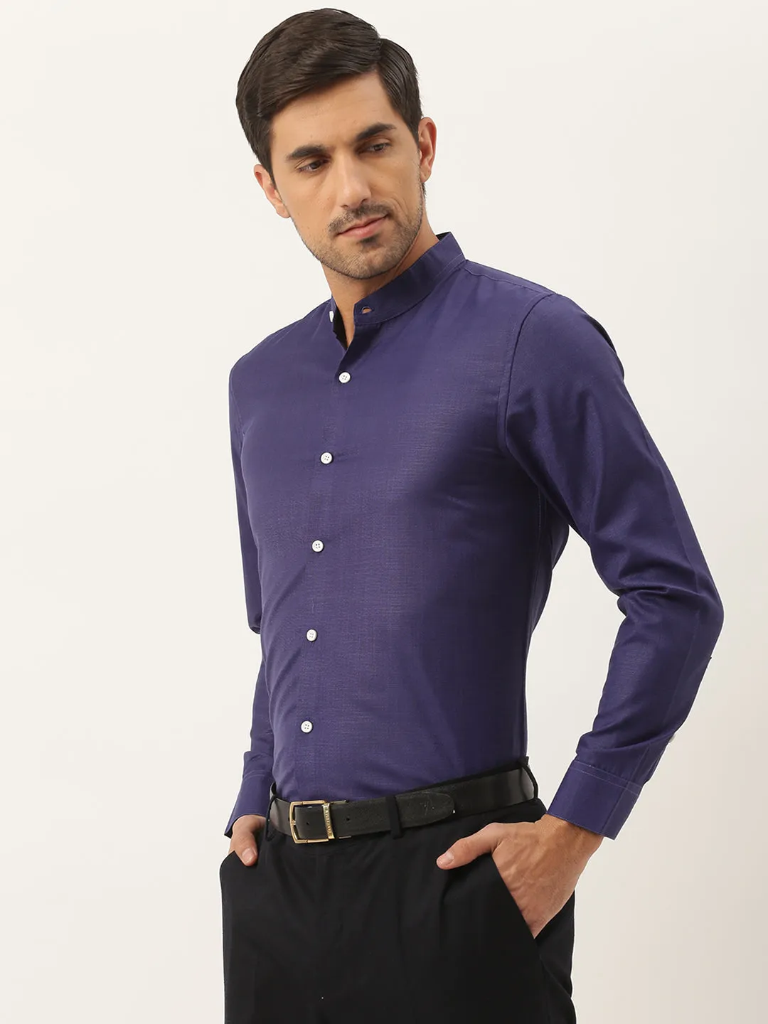 Mens Cotton Linen Navy Blue Chinese Collar Shirt - Sojanya