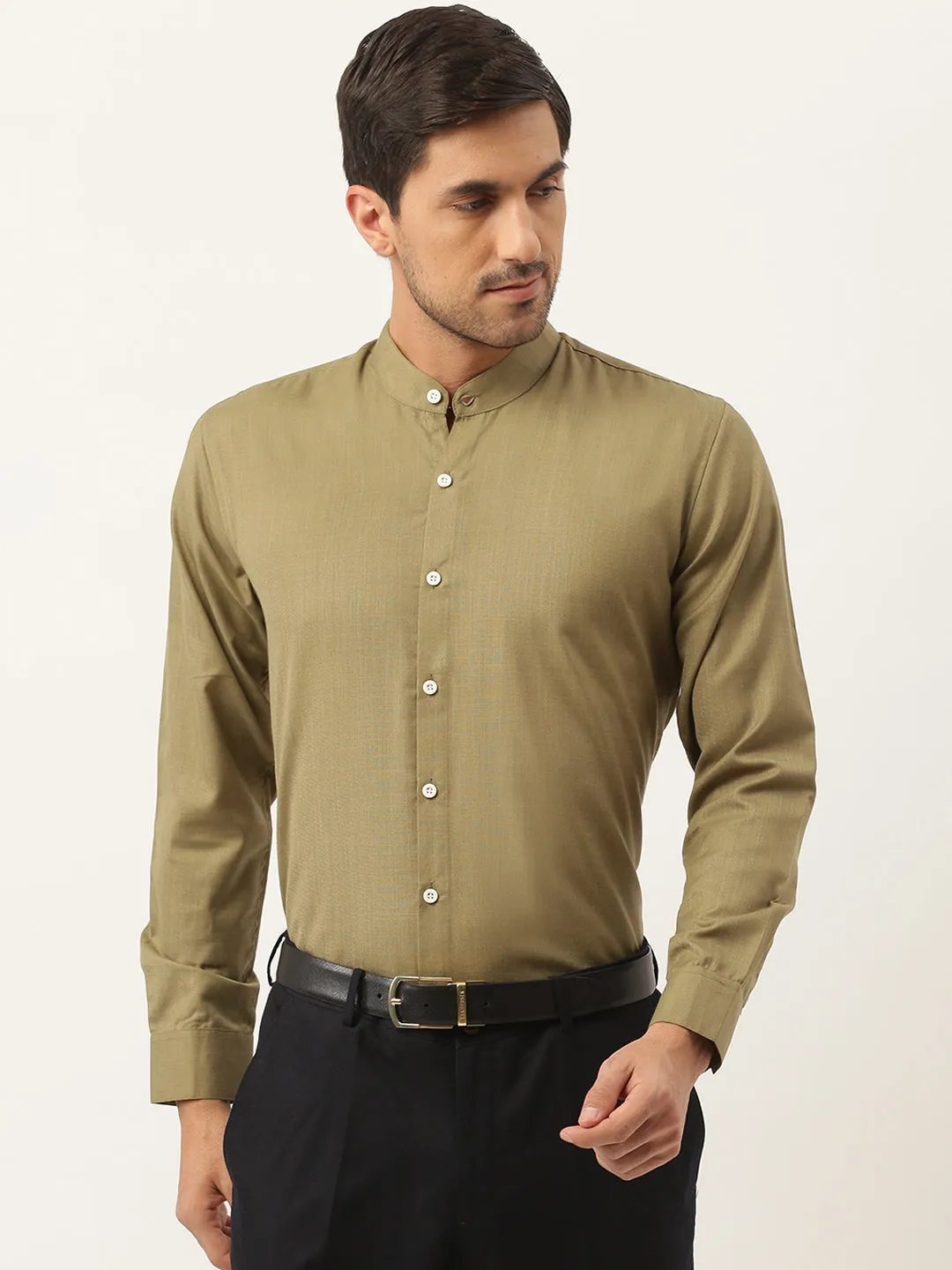 Mens Cotton Linen Olive Chinese Collar Shirt - Sojanya