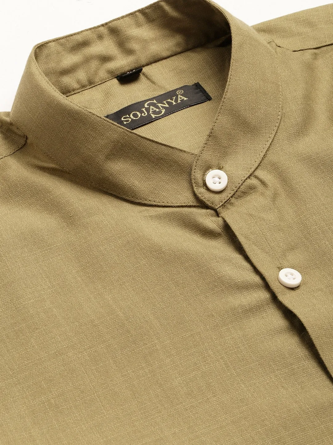 Mens Cotton Linen Olive Chinese Collar Shirt - Sojanya