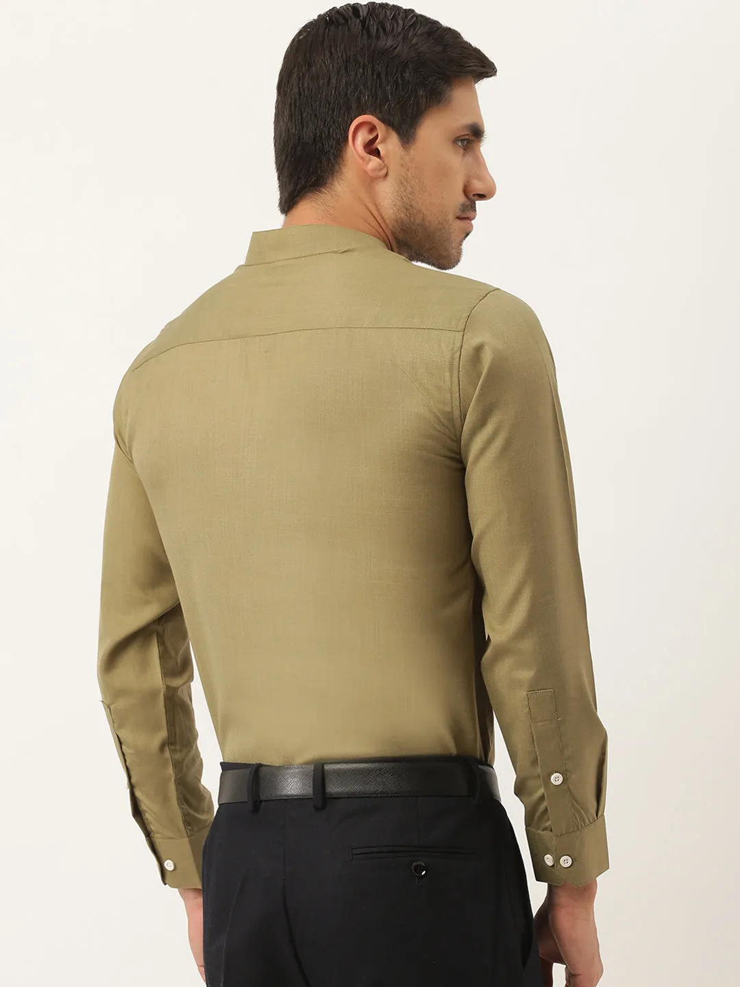 Mens Cotton Linen Olive Chinese Collar Shirt - Sojanya