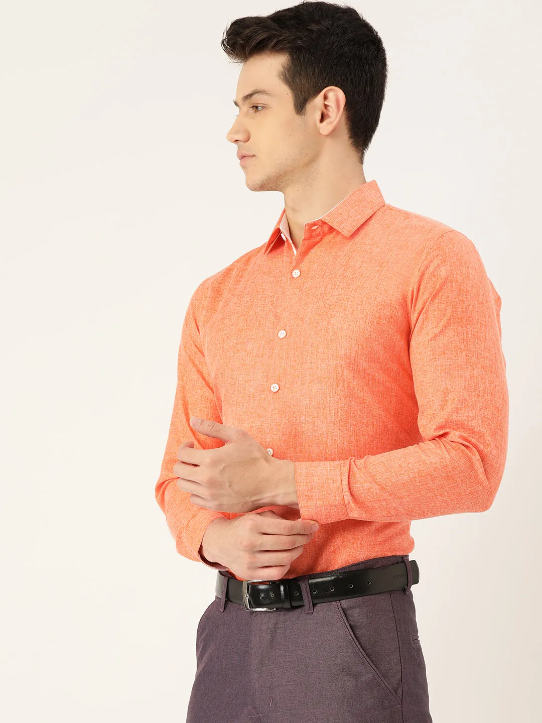 Men's Cotton Linen Orange Formal Shirt - Sojanya