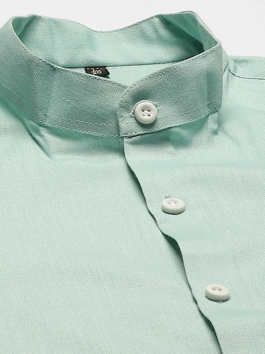 Mens Cotton Linen Sea Green Chinese Collar Shirt - Sojanya