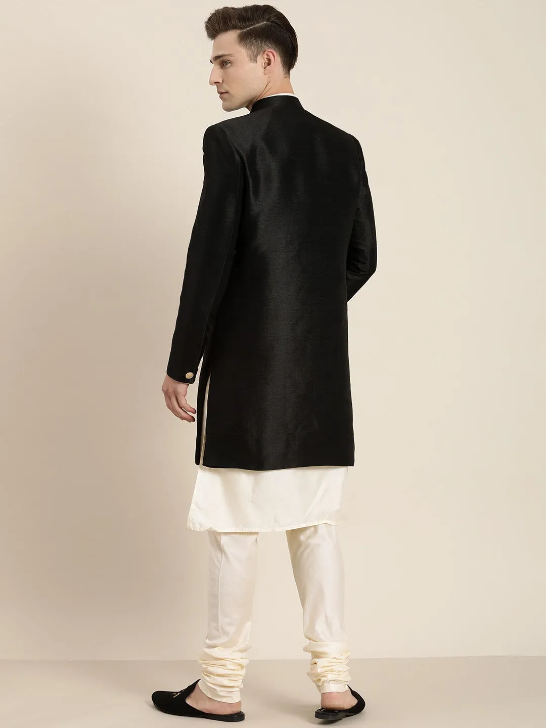 Men's Cream And Black Viscose Ethnic Combo Set - Vastramay