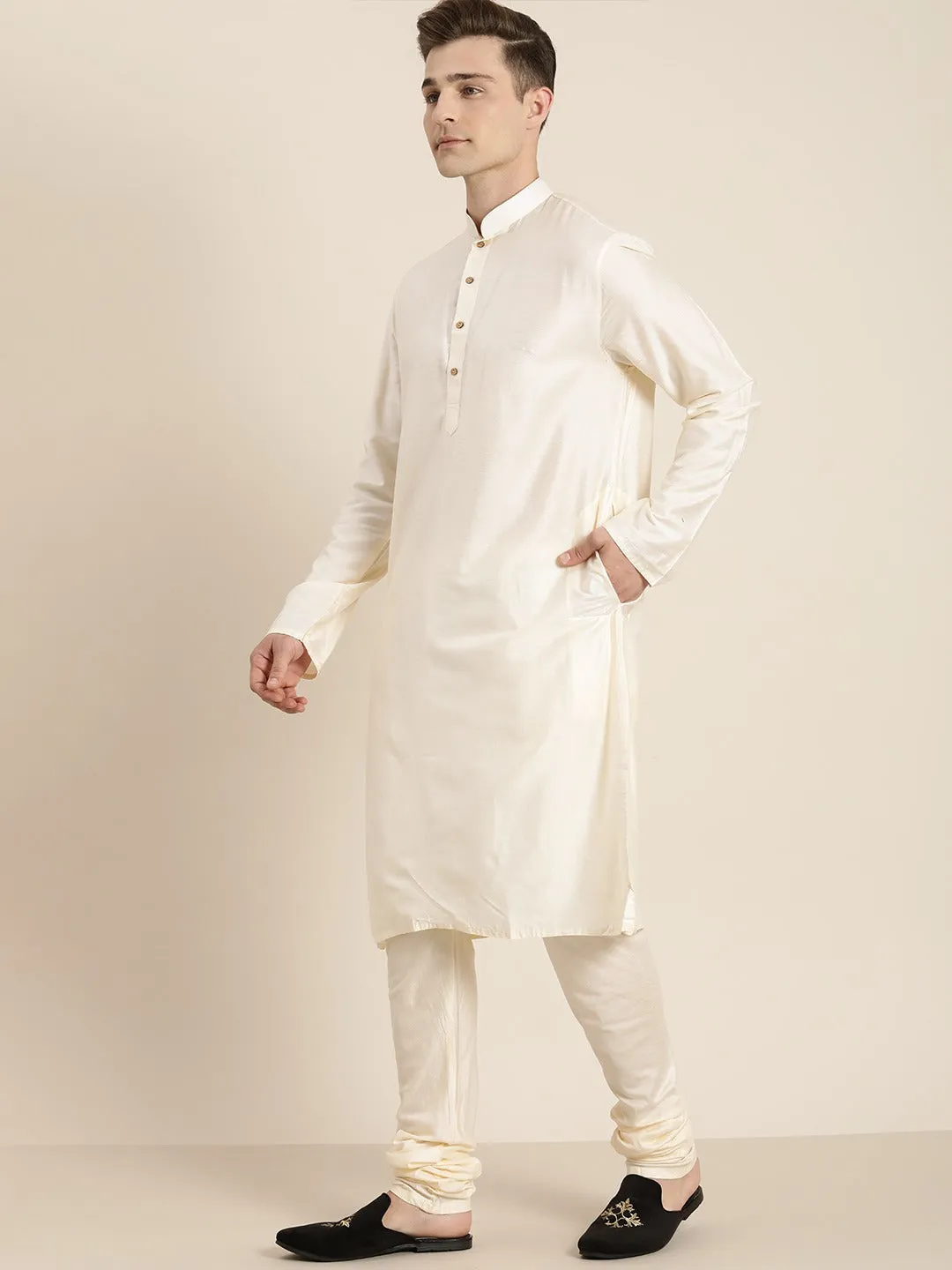 Men's Cream And Black Viscose Ethnic Combo Set - Vastramay