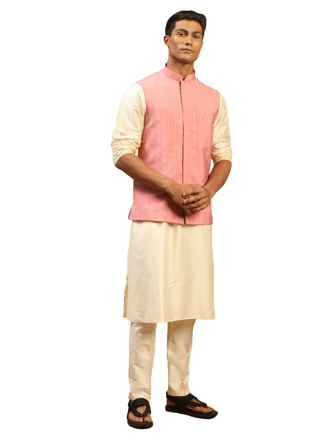 Men's Cream And Pink Viscose Jacket, Kurta And Pyjama Set - Shrestha By Vastramay