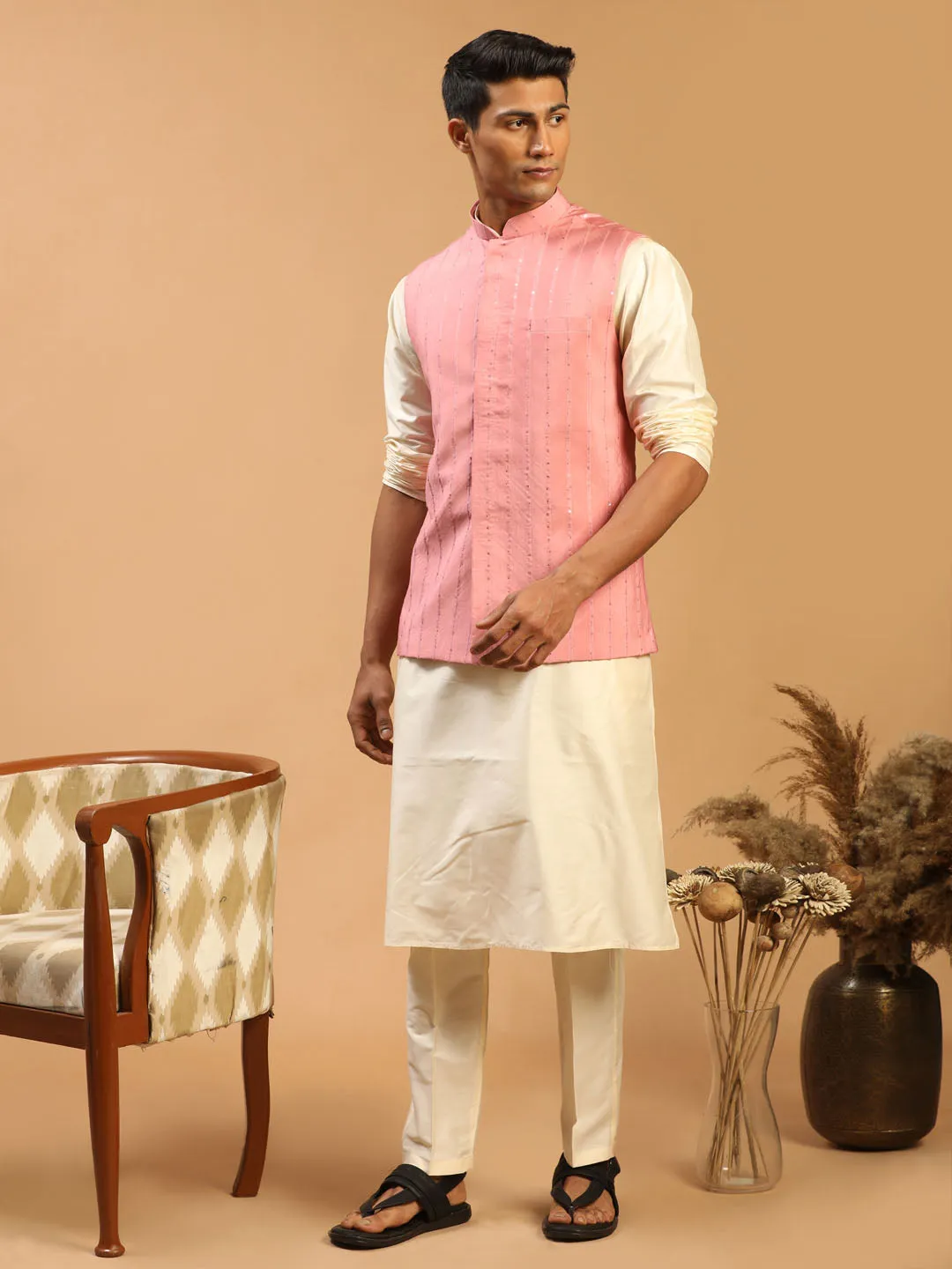 Men's Cream And Pink Viscose Jacket, Kurta And Pyjama Set - Shrestha By Vastramay