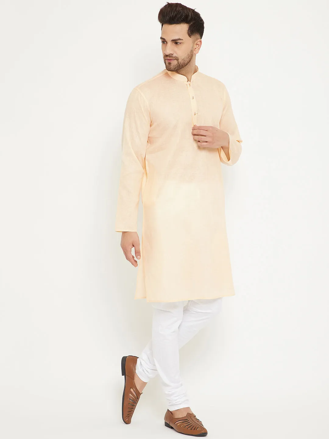 Men's Cream And White Cotton Blend Kurta Pyjama Set - Vastramay