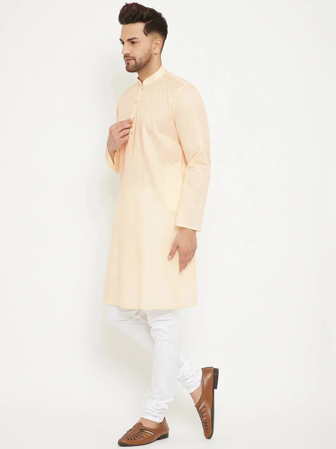 Men's Cream And White Cotton Blend Kurta Pyjama Set - Vastramay