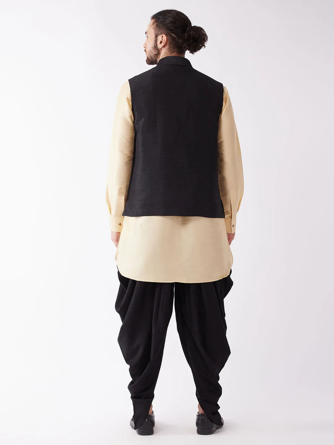 Men's Gold And Black Silk Blend Jacket, Kurta And Dhoti Set - Vastramay