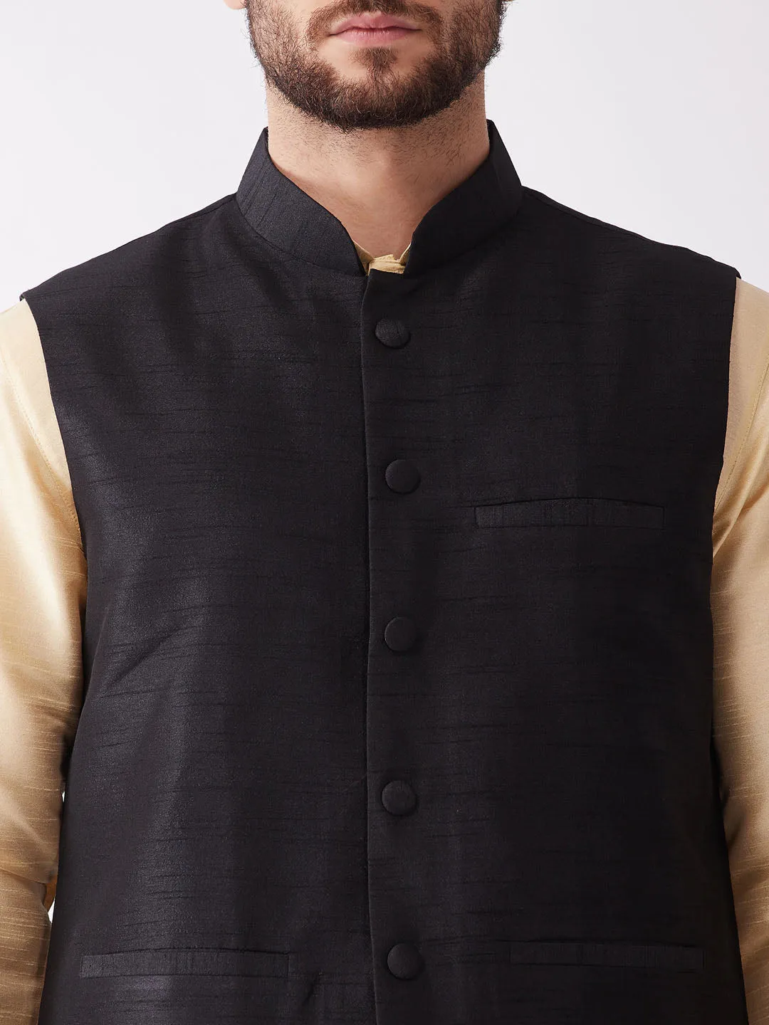 Men's Gold And Black Silk Blend Jacket, Kurta And Dhoti Set - Vastramay