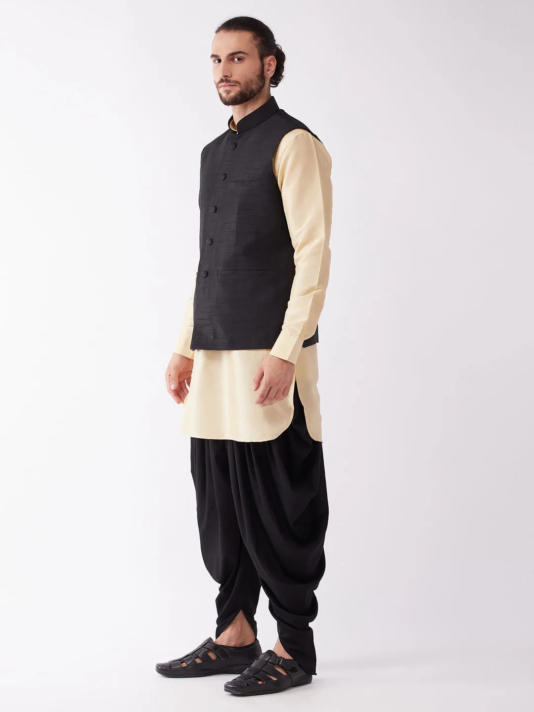 Men's Gold And Black Silk Blend Jacket, Kurta And Dhoti Set - Vastramay