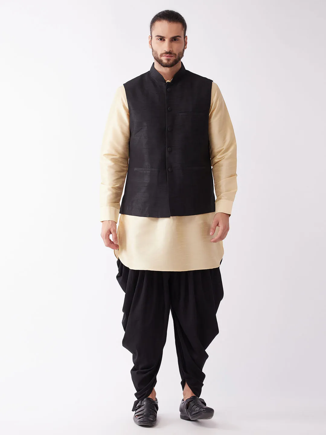 Men's Gold And Black Silk Blend Jacket, Kurta And Dhoti Set - Vastramay