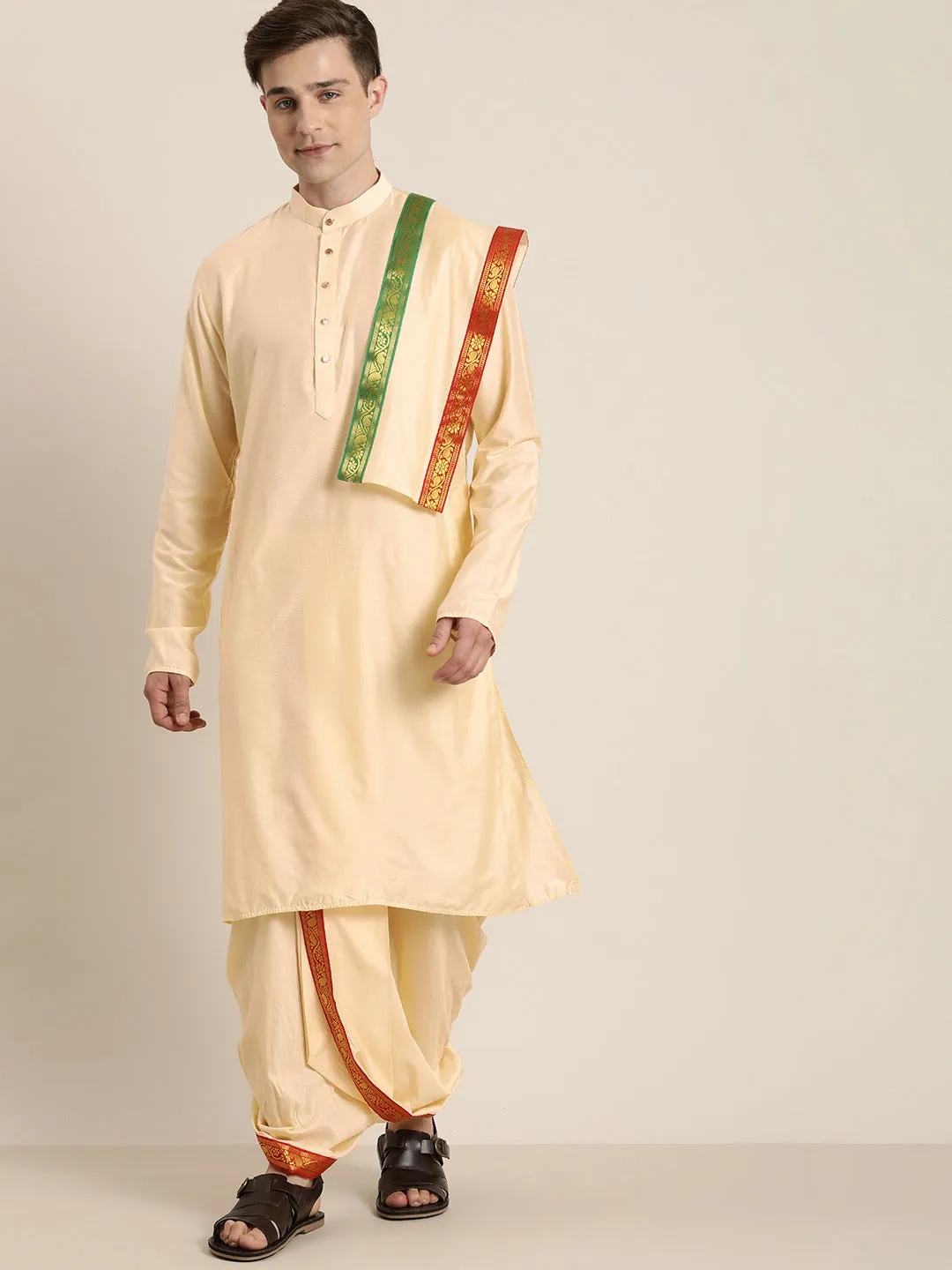 Men's Gold Cotton Blend Kurta Dhoti And Dupatta - Vastramay