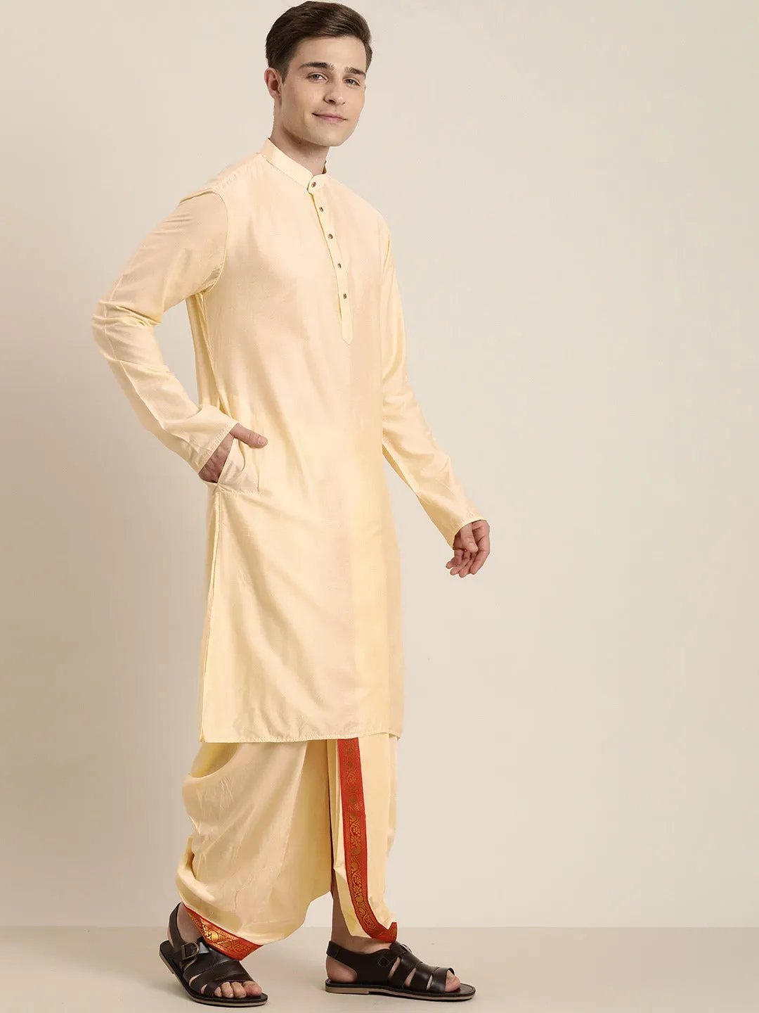 Men's Gold Cotton Blend Kurta Dhoti And Dupatta - Vastramay