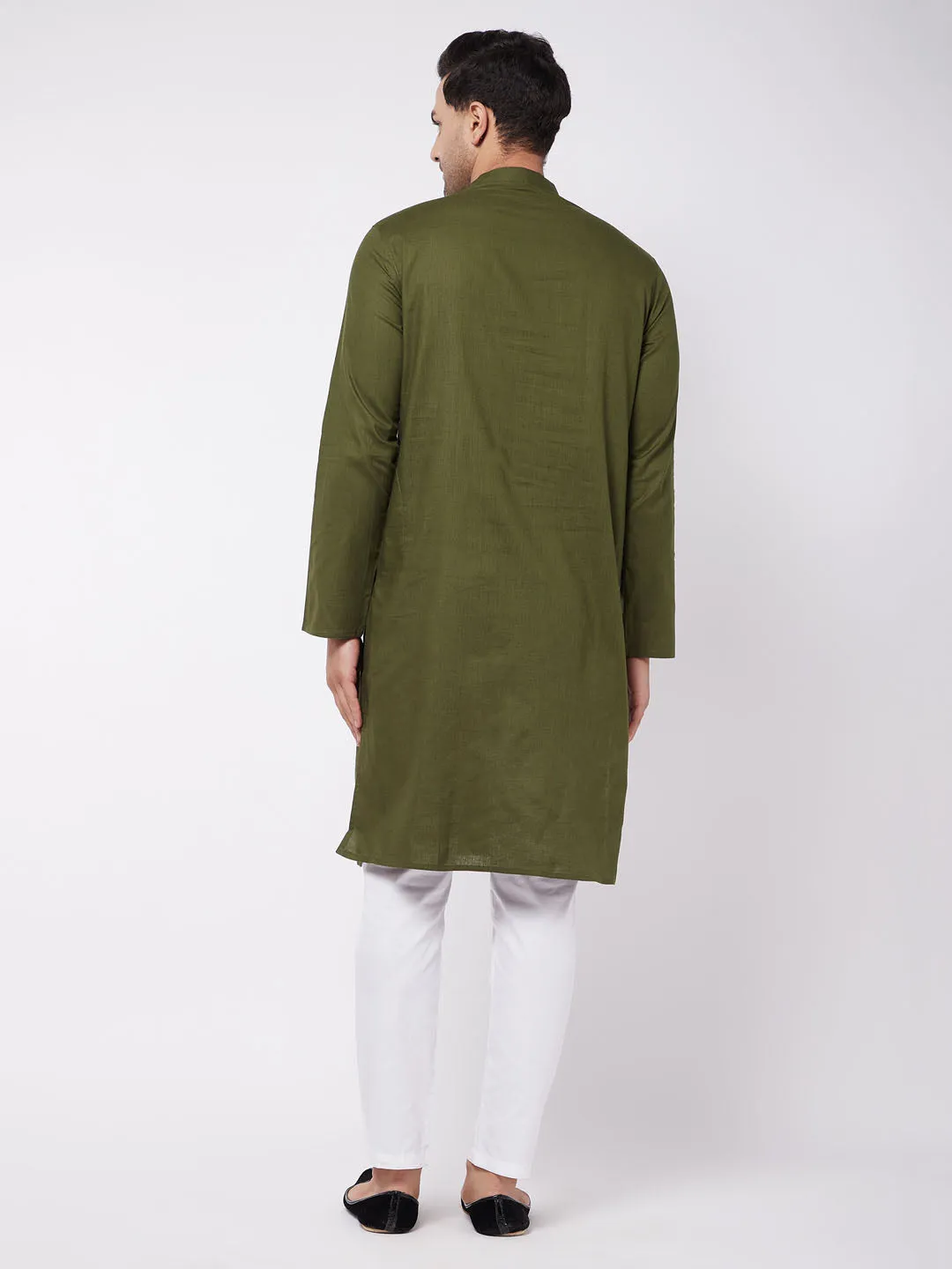 Men's Green And White Cotton Linen Kurta Pyjama Set - Vastramay