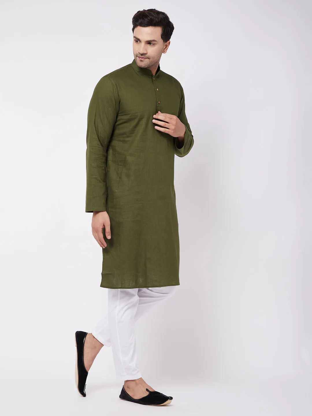 Men's Green And White Cotton Linen Kurta Pyjama Set - Vastramay