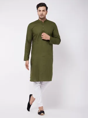 Men's Green And White Cotton Linen Kurta Pyjama Set - Vastramay