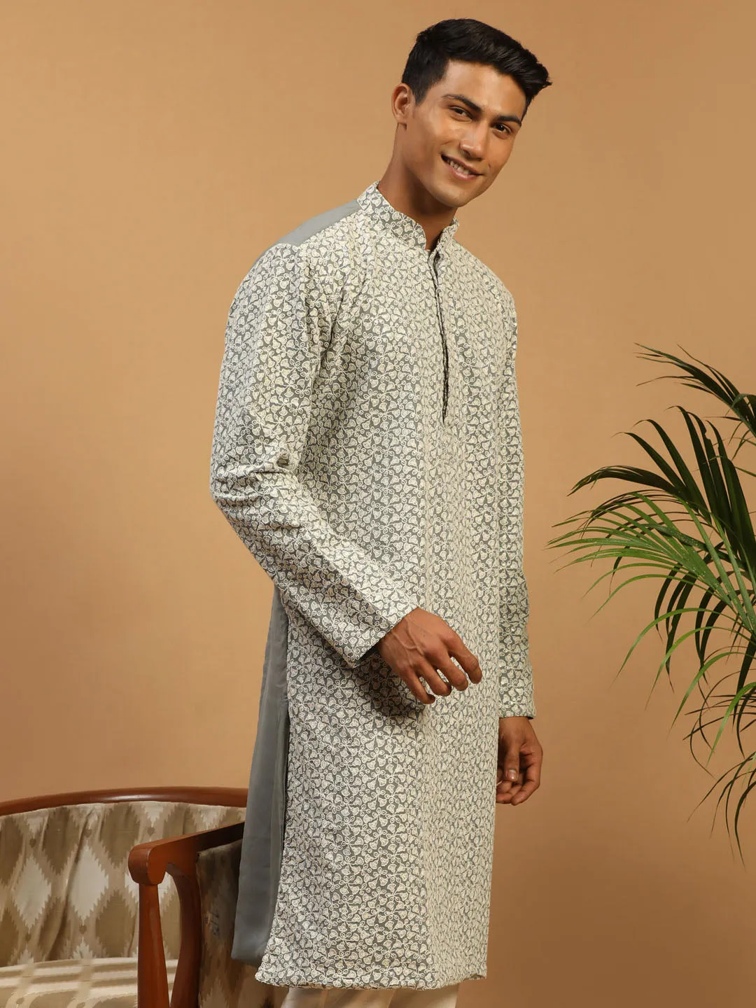 Men's Grey Georgette Kurta - Shrestha By Vastramay