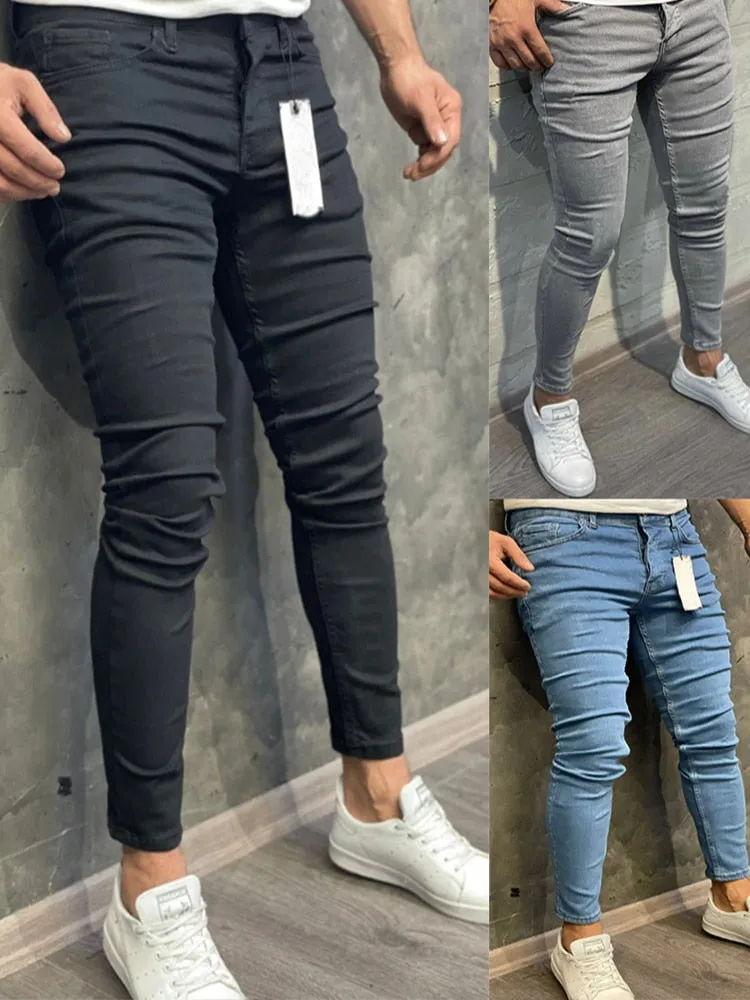 Men's Jeans Solid Fashion Classic Denim Washing Pants Casual Men's Stretch Skinny Jeans - MJN0066