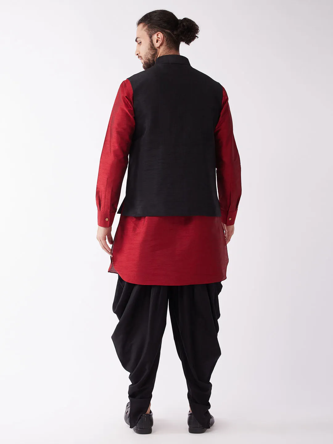 Men's Maroon And Black Silk Blend Jacket, Kurta And Dhoti Set - Vastramay