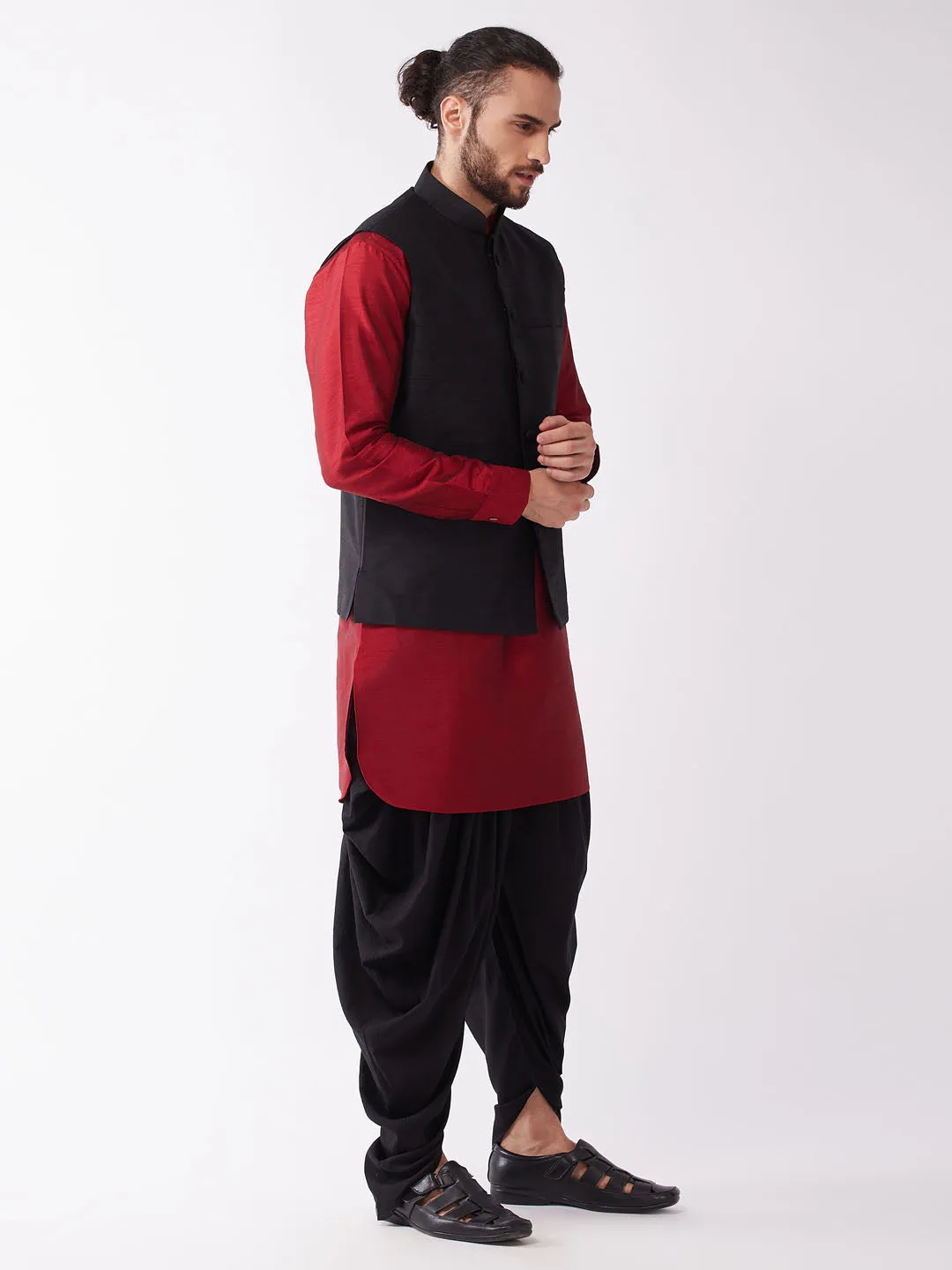 Men's Maroon And Black Silk Blend Jacket, Kurta And Dhoti Set - Vastramay