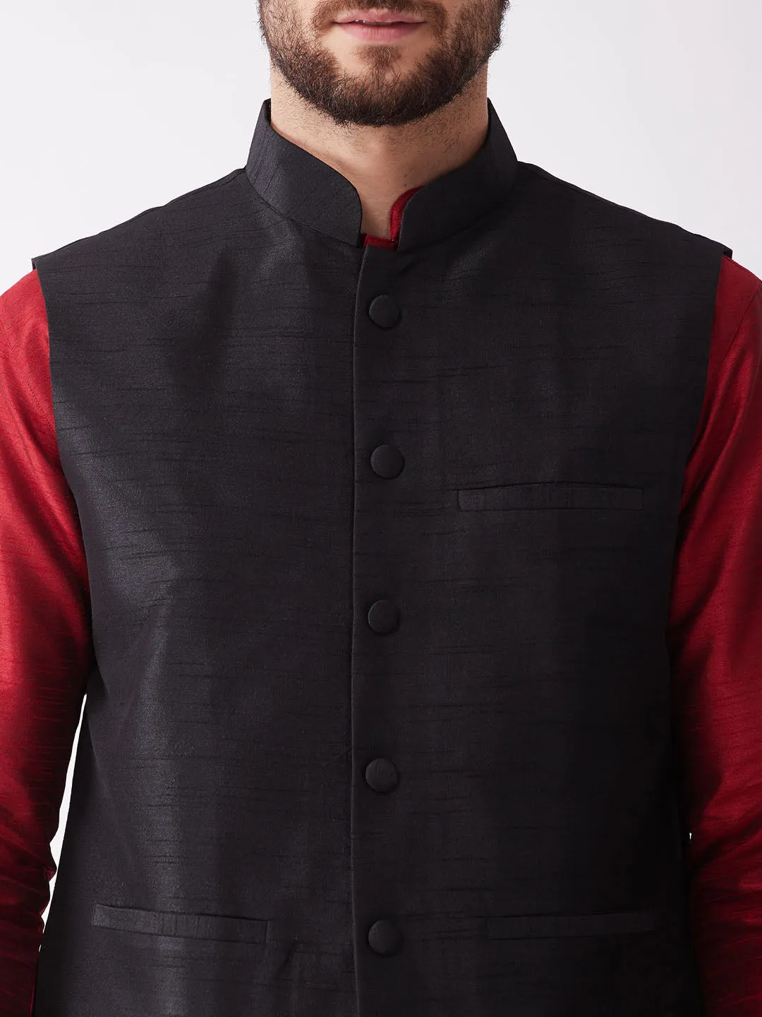 Men's Maroon And Black Silk Blend Jacket, Kurta And Dhoti Set - Vastramay