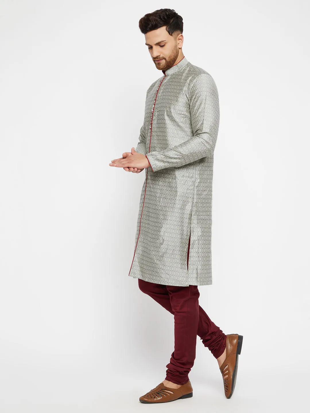 Men's Maroon And Rose Gold Silk Blend Kurta Pyjama Set - Vastramay