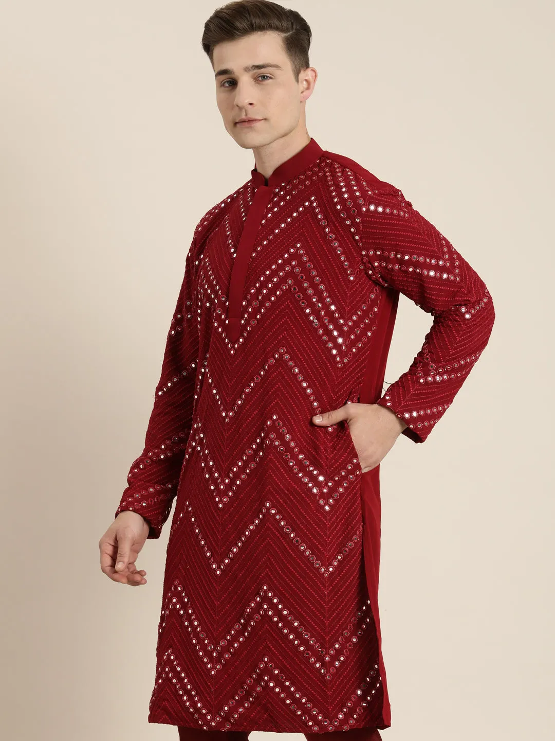 Men's Maroon Georgette Kurta - Vastramay