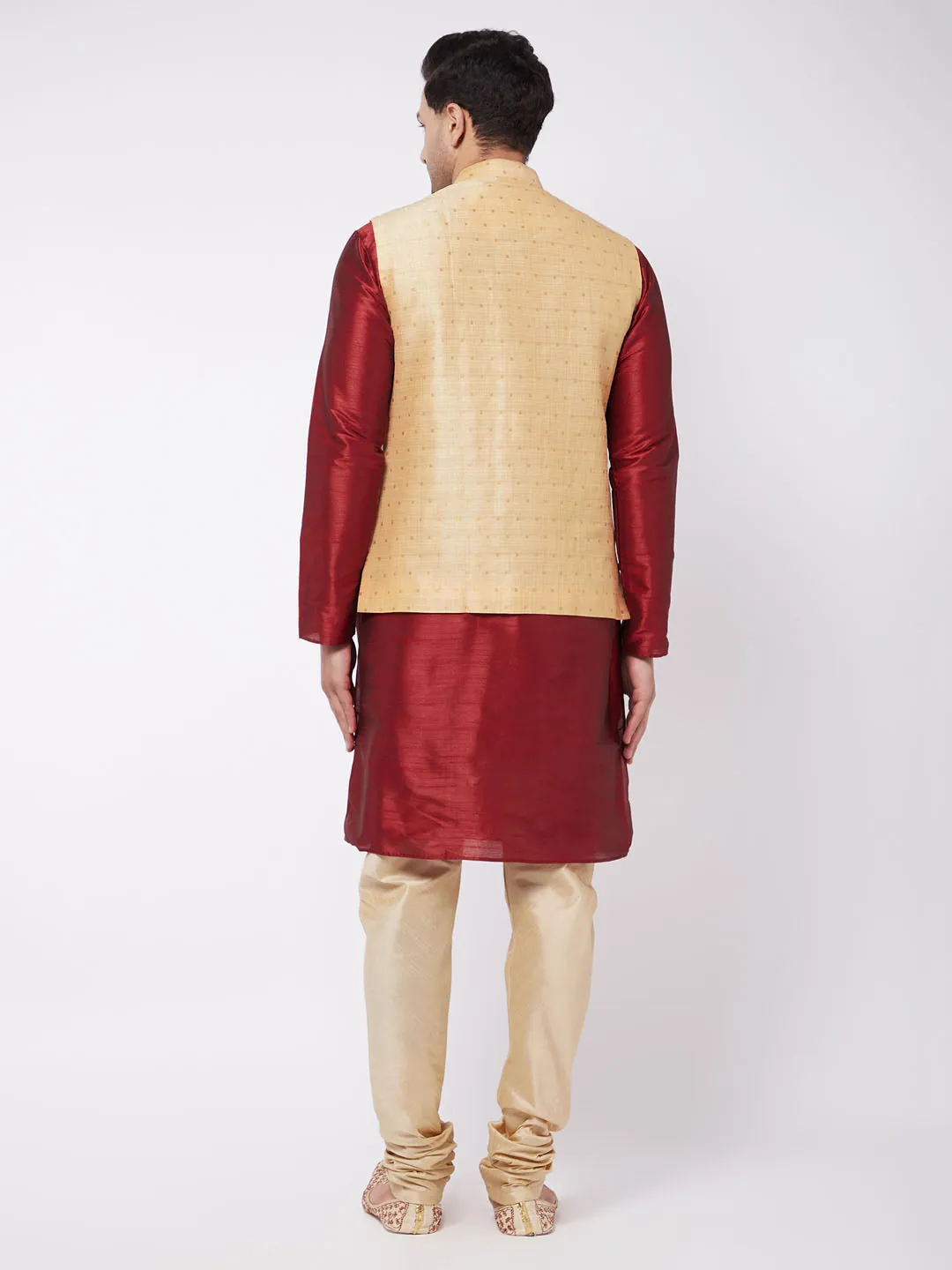 Men's Maroon, Gold And Rose Gold Silk Blend Jacket, Kurta And Pyjama Set - Vastramay