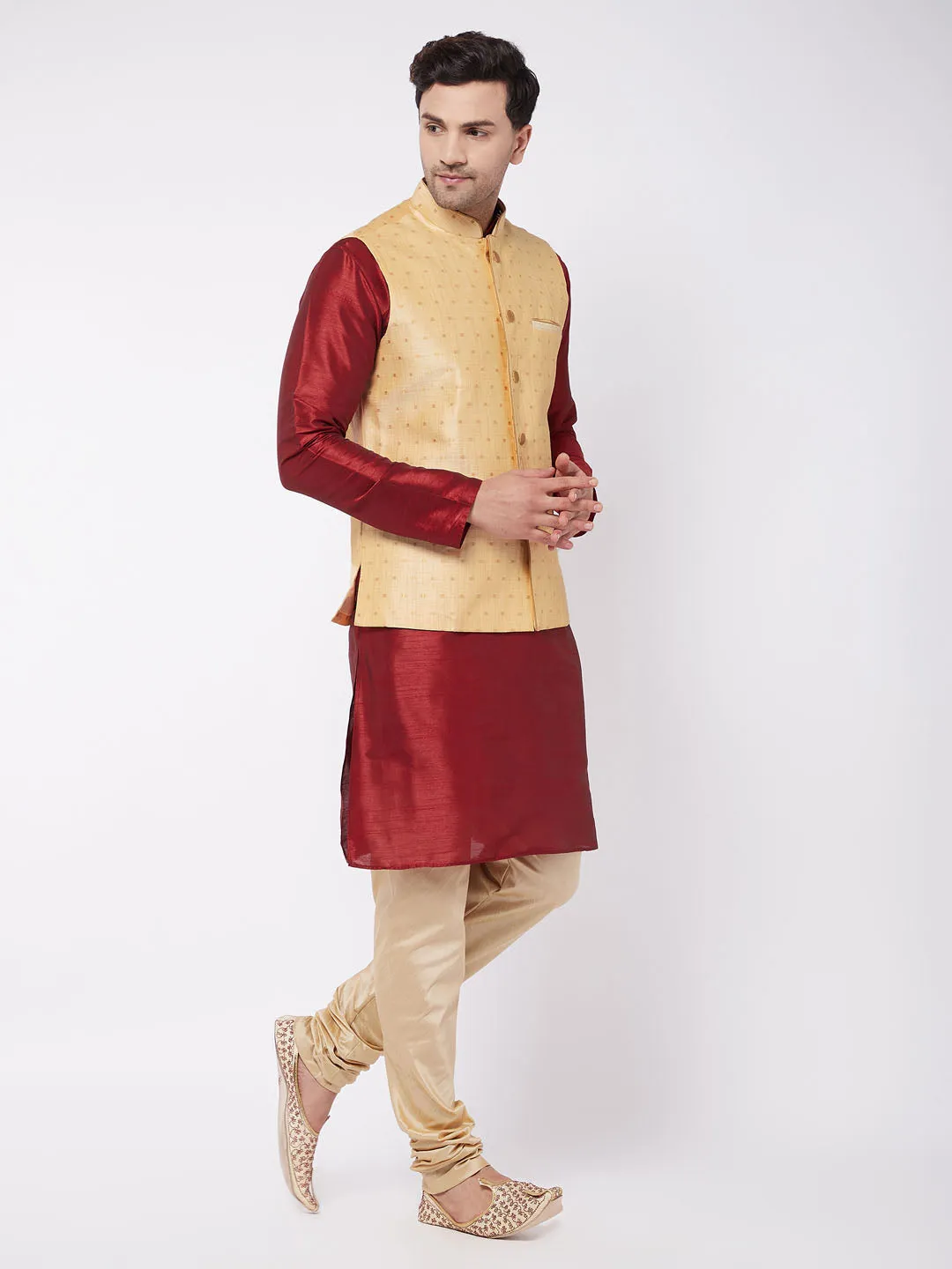 Men's Maroon, Gold And Rose Gold Silk Blend Jacket, Kurta And Pyjama Set - Vastramay