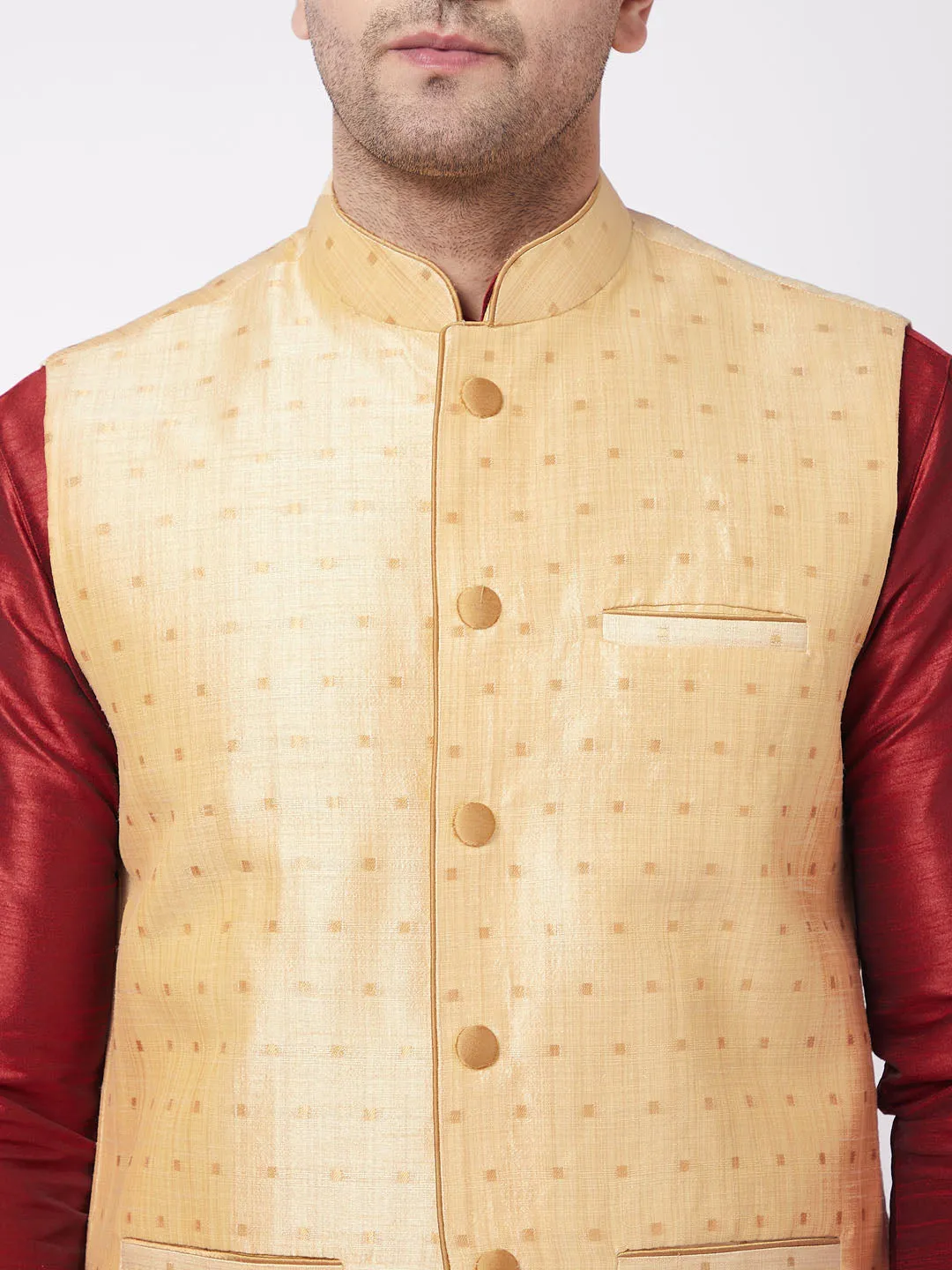 Men's Maroon, Gold And Rose Gold Silk Blend Jacket, Kurta And Pyjama Set - Vastramay