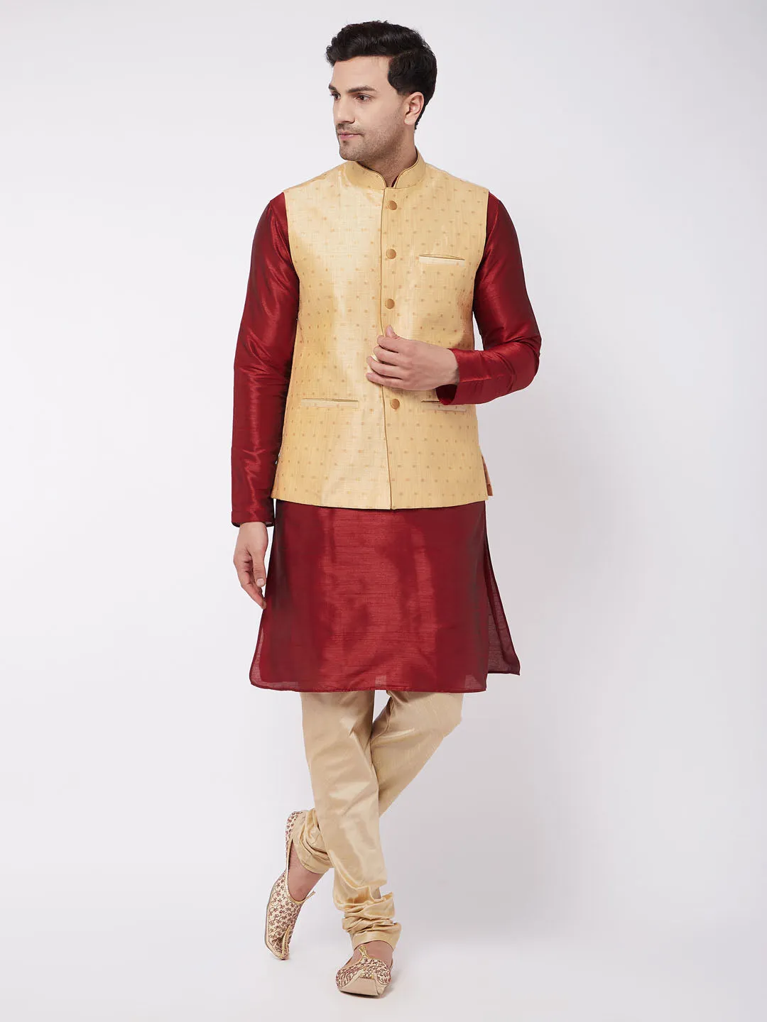 Men's Maroon, Gold And Rose Gold Silk Blend Jacket, Kurta And Pyjama Set - Vastramay