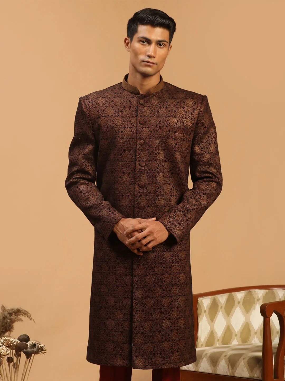 Men's Maroon Silk Blend Sherwani Only Top - Shrestha By Vastramay