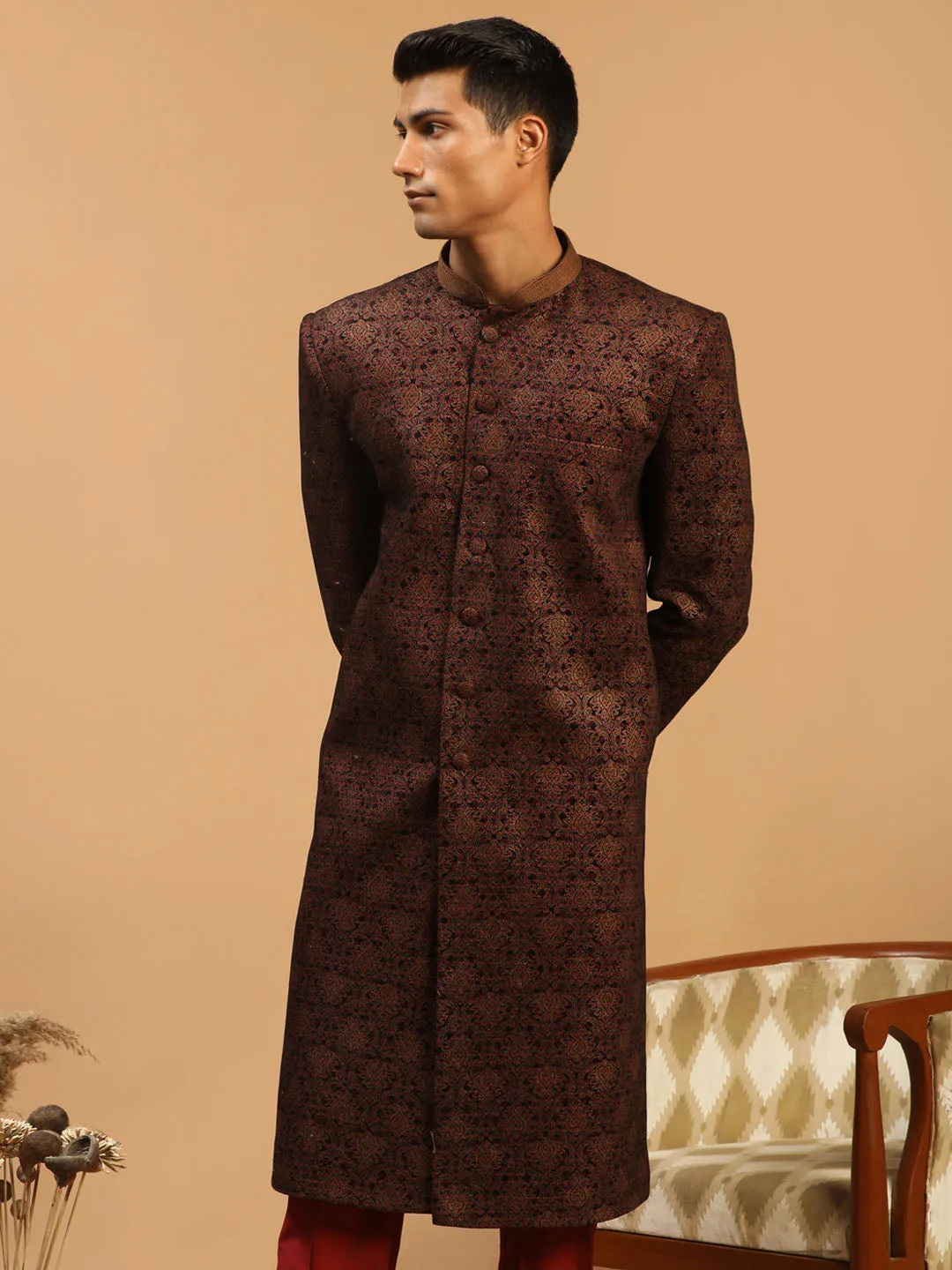 Men's Maroon Silk Blend Sherwani Only Top - Shrestha By Vastramay