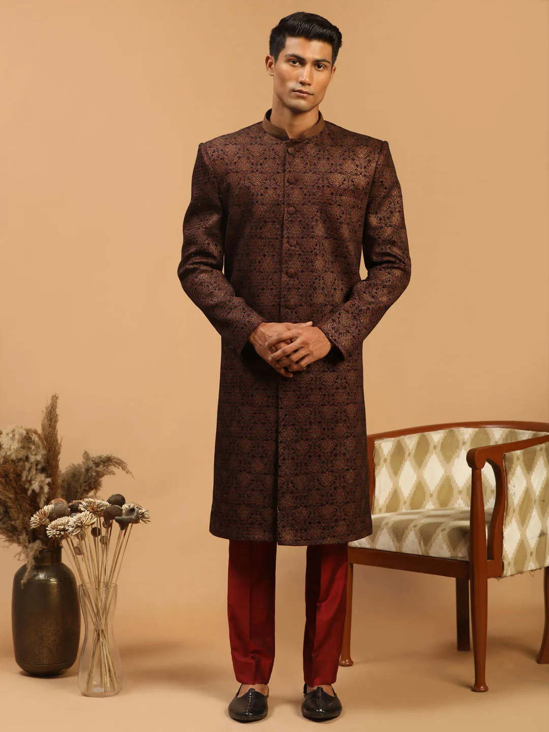 Men's Maroon Silk Blend Sherwani Only Top - Shrestha By Vastramay