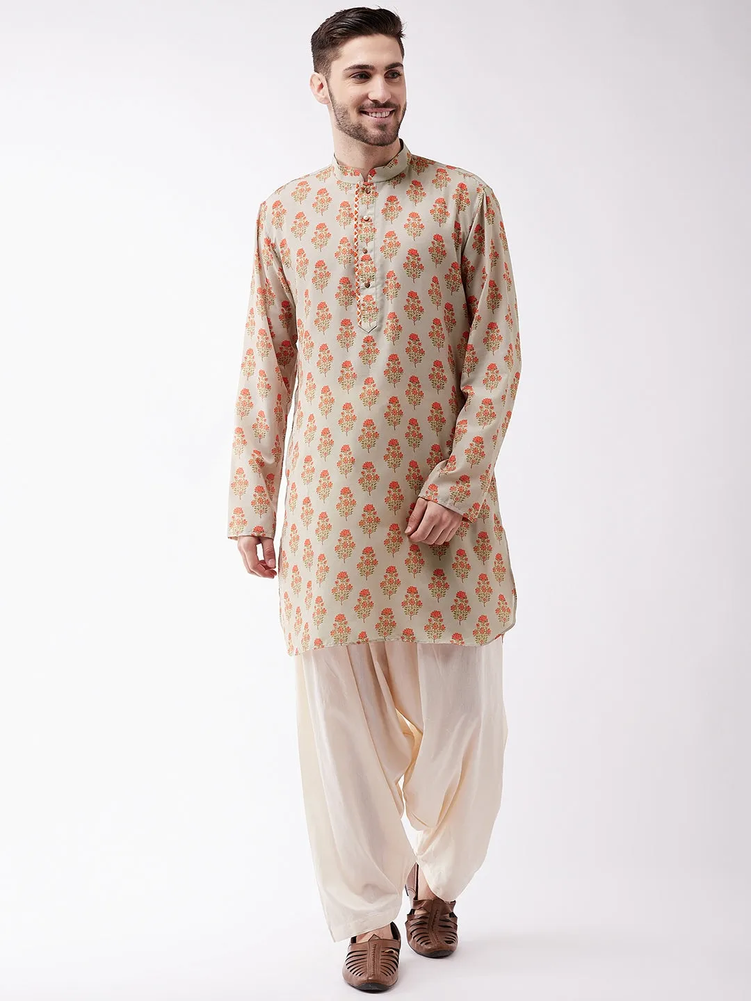 Men's Multicolor-Base-Beige And Cream Muslin Cotton Kurta And Patiala Set - Vastramay