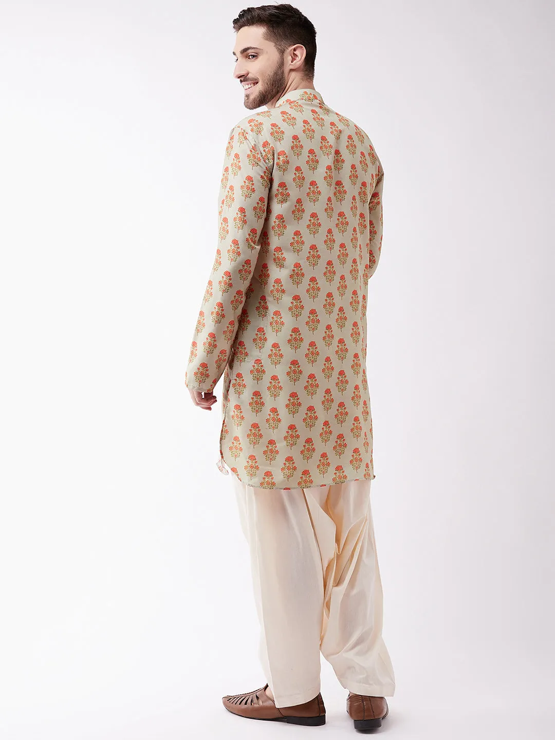 Men's Multicolor-Base-Beige And Cream Muslin Cotton Kurta And Patiala Set - Vastramay