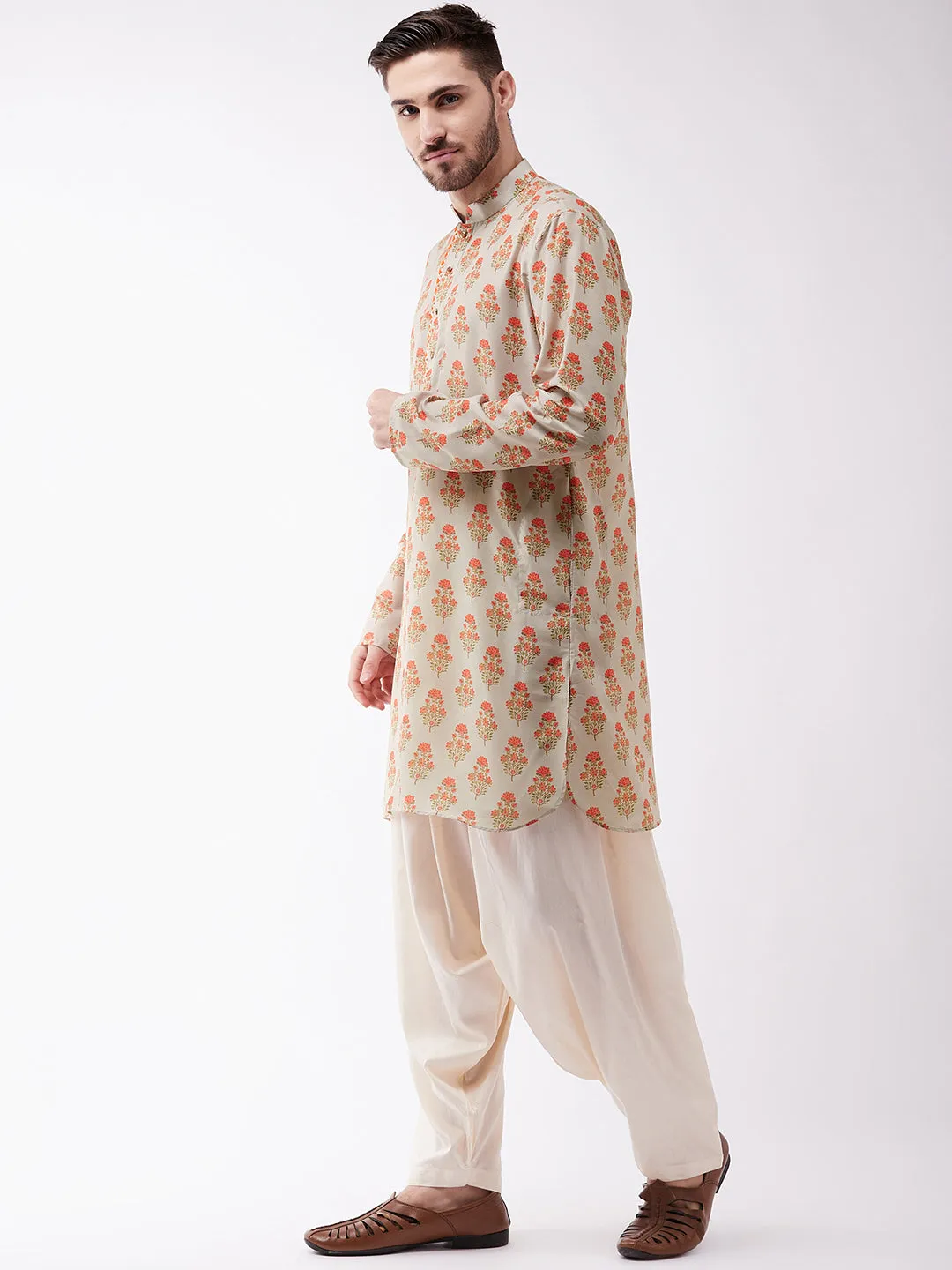 Men's Multicolor-Base-Beige And Cream Muslin Cotton Kurta And Patiala Set - Vastramay