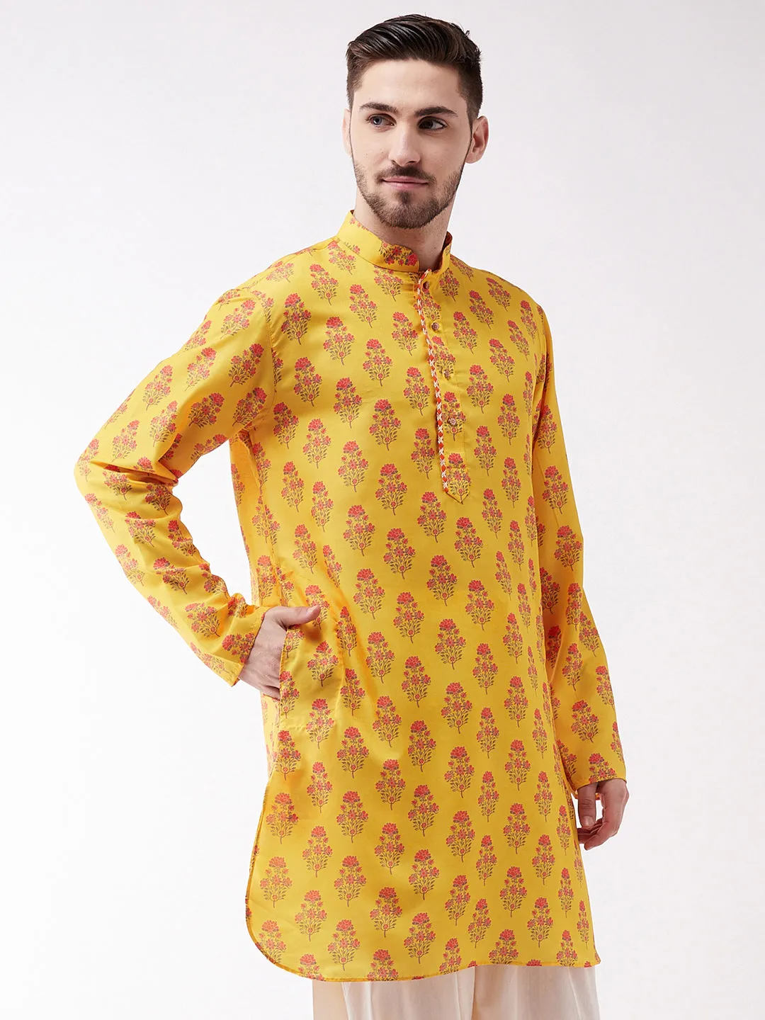 Men's Multicolor-Base-Mustard Muslin Cotton Kurta - Vastramay