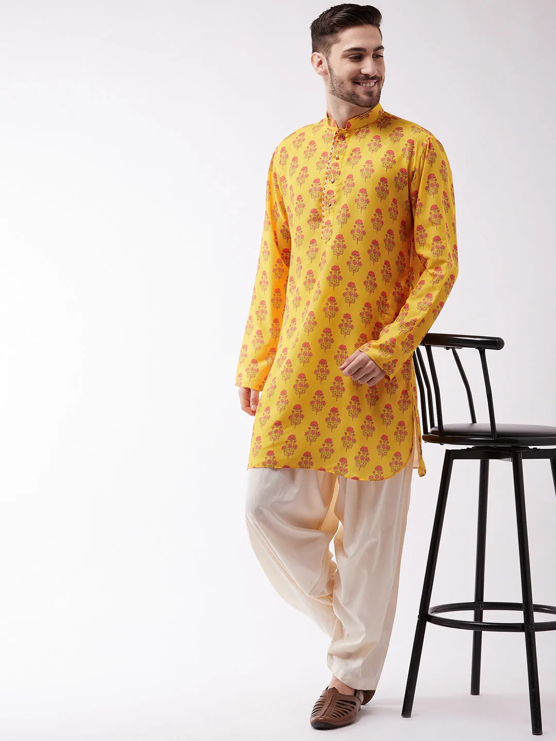 Men's Multicolor-Base-Mustard Muslin Cotton Kurta - Vastramay