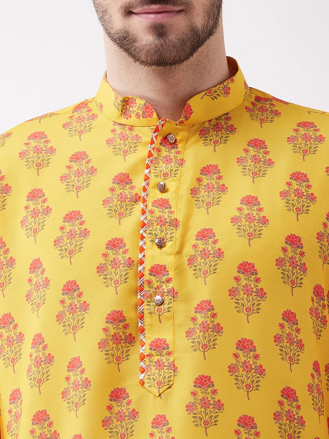 Men's Multicolor-Base-Mustard Muslin Cotton Kurta - Vastramay