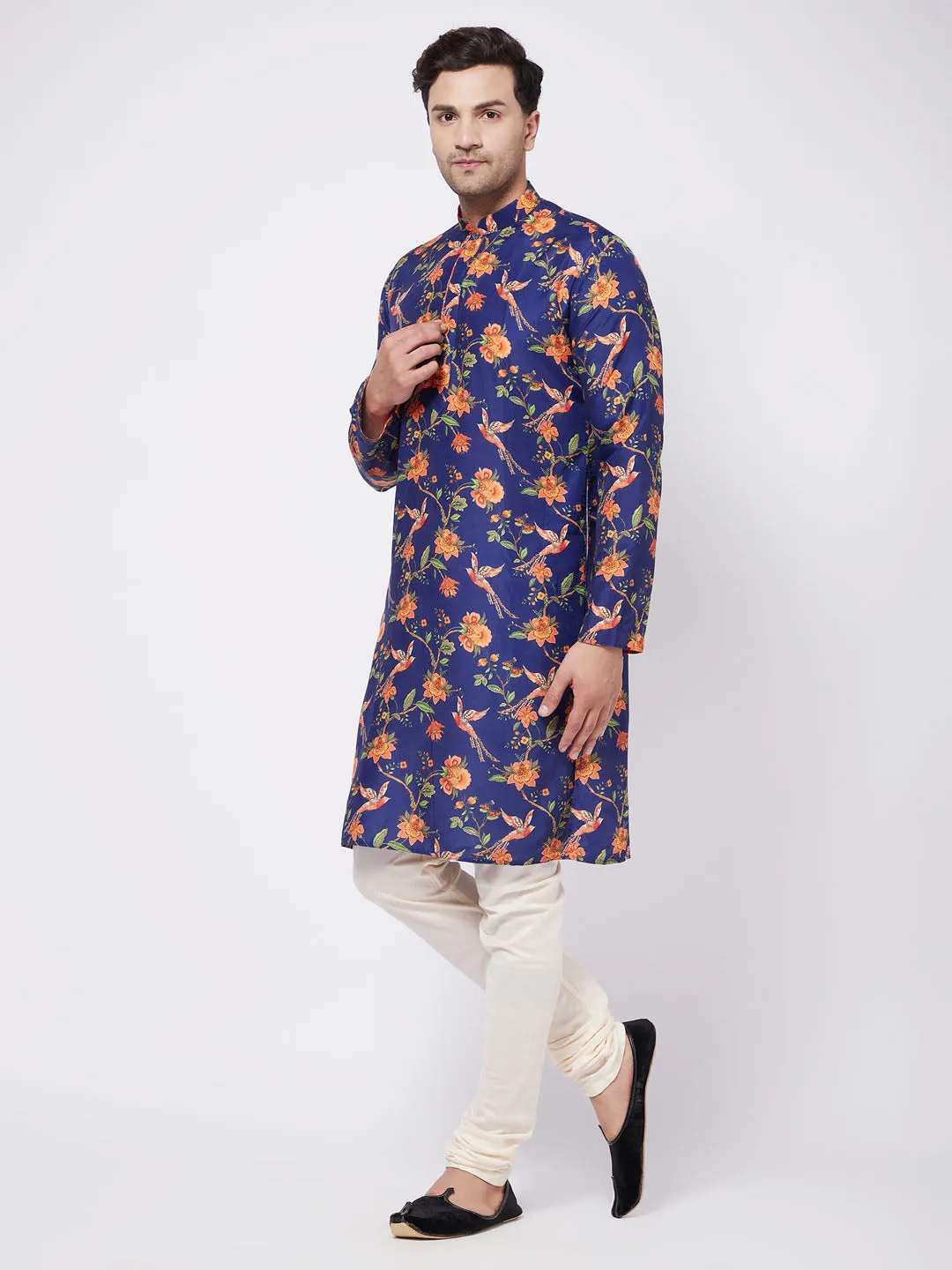 Men's Multicolor-Base-Navy Blue And Cream Muslin Blend Kurta Pyjama Set - Vastramay