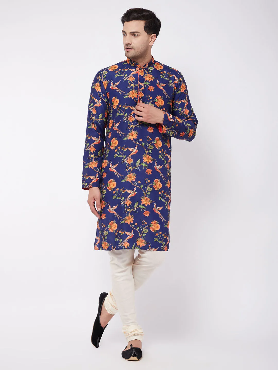 Men's Multicolor-Base-Navy Blue And Cream Muslin Blend Kurta Pyjama Set - Vastramay