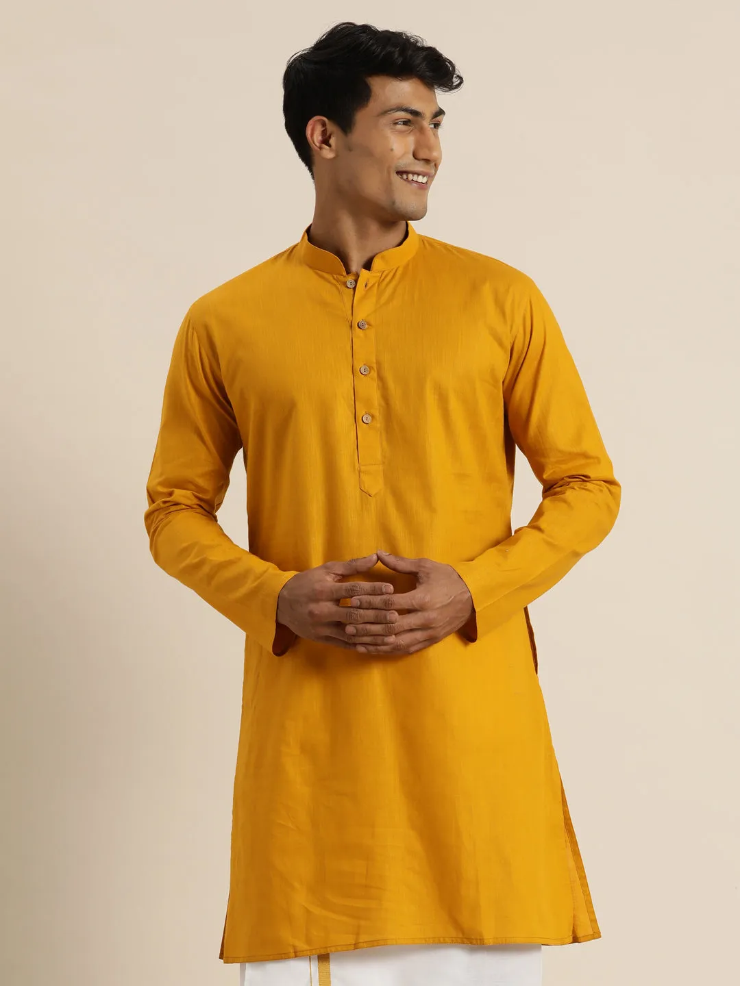 Men's Mustard Cotton Kurta - Vastramay