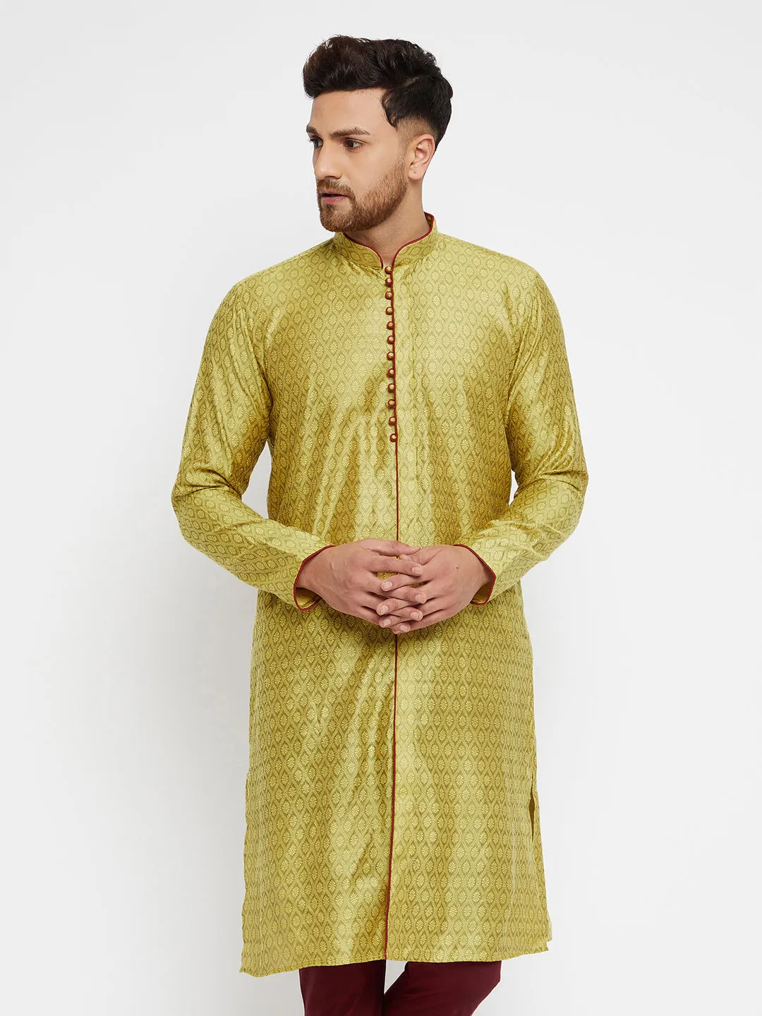 Men's Mustard Yellow And Maroon Silk Blend Kurta - Vastramay