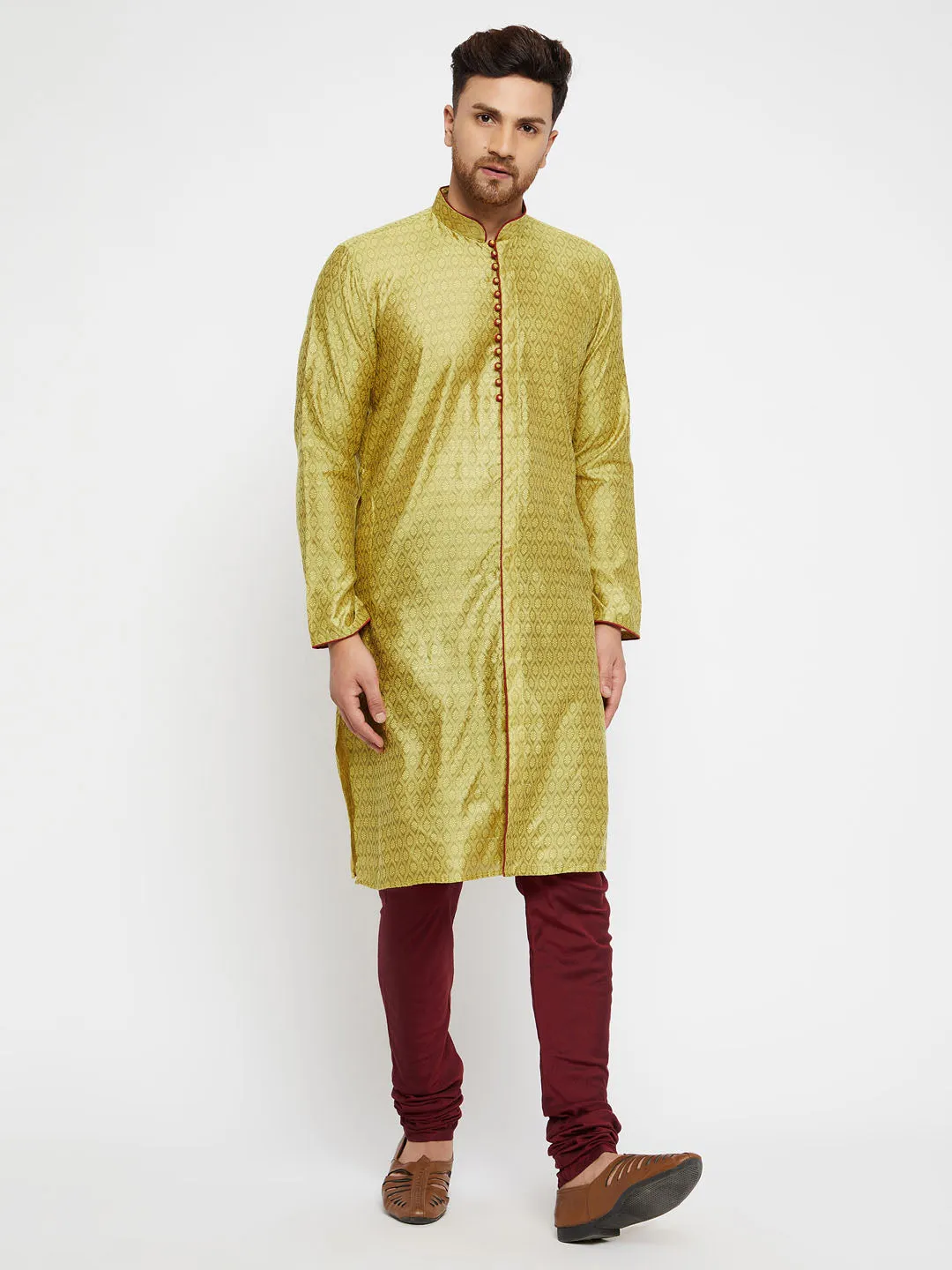 Men's Mustard Yellow And Maroon Silk Blend Kurta - Vastramay