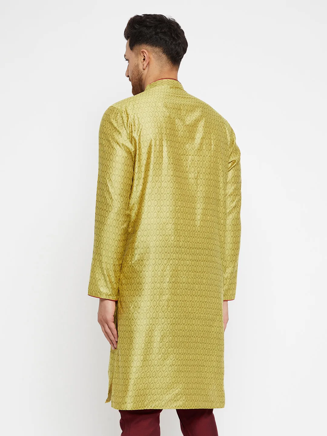 Men's Mustard Yellow And Maroon Silk Blend Kurta - Vastramay