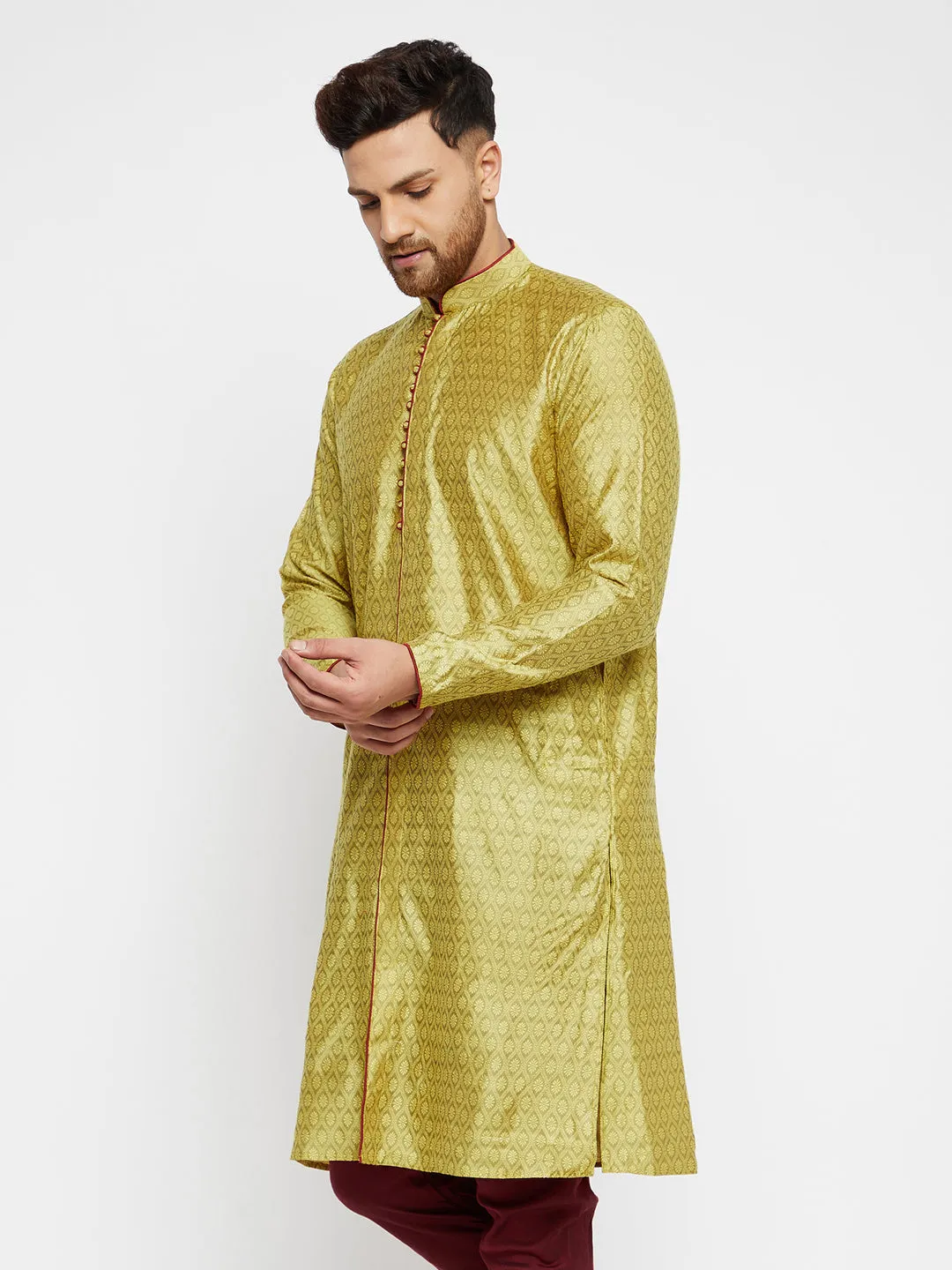 Men's Mustard Yellow And Maroon Silk Blend Kurta - Vastramay