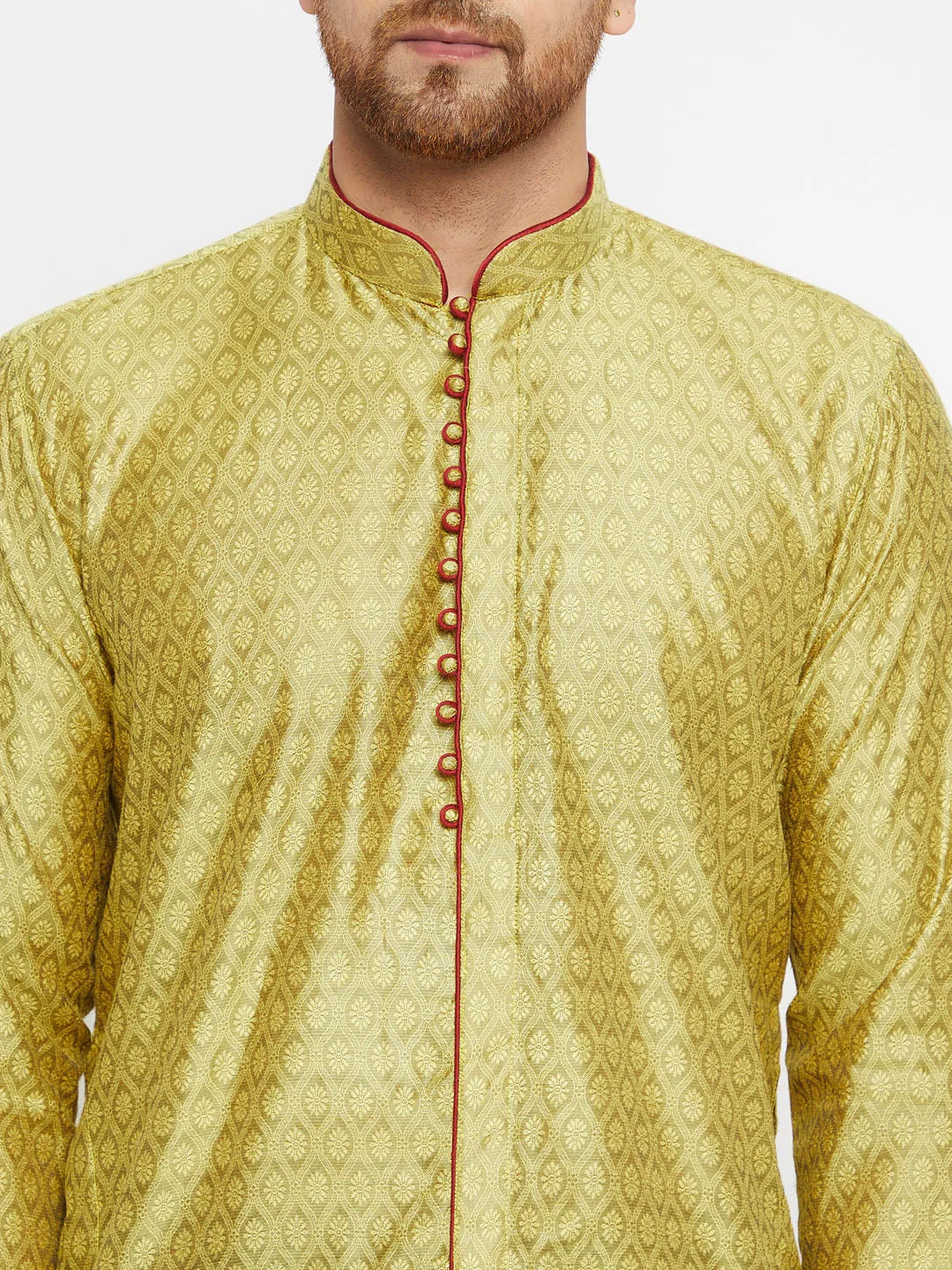 Men's Mustard Yellow And Maroon Silk Blend Kurta - Vastramay