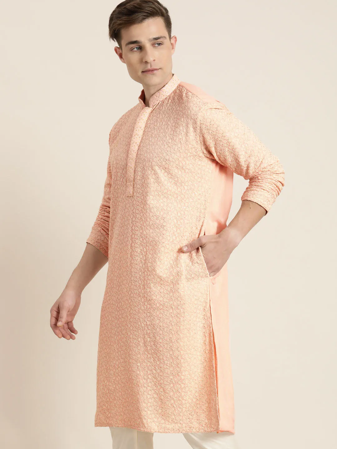 Men's Pink Georgette Kurta - Vastramay